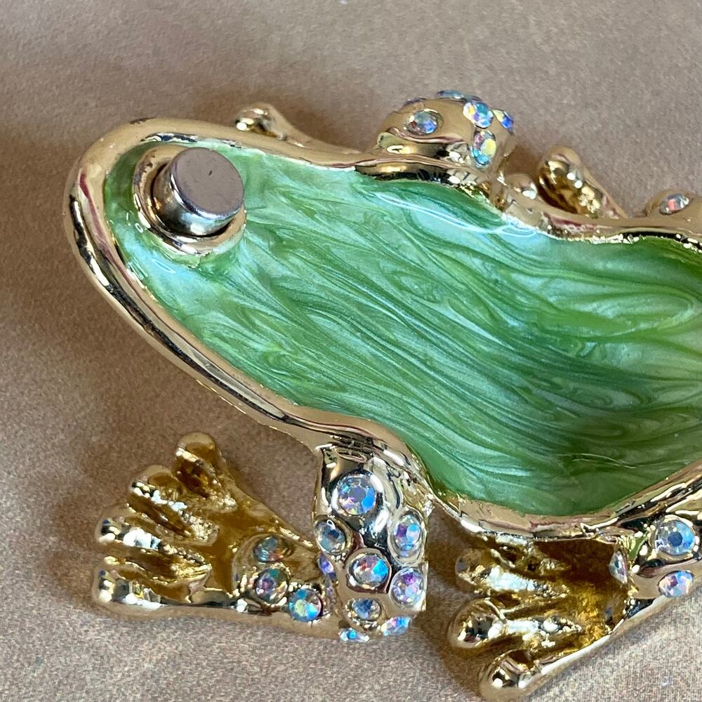 Gold Tone and Green Enamel Frog Prince Trinket Box w/Aurora Borealis Crystals - Picture 6 of 8